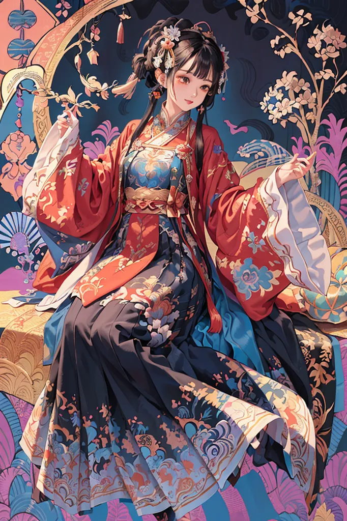 L'image montre une jeune femme vêtue d'un hanfu rouge et bleu avec une broderie florale complexe. Elle est assise sur un banc rembourré et a une expression sereine sur le visage. Ses longs cheveux noirs sont coiffés dans un chignon élaboré et elle porte un maquillage traditionnel chinois. L'arrière-plan est un dégradé bleu avec un motif floral.