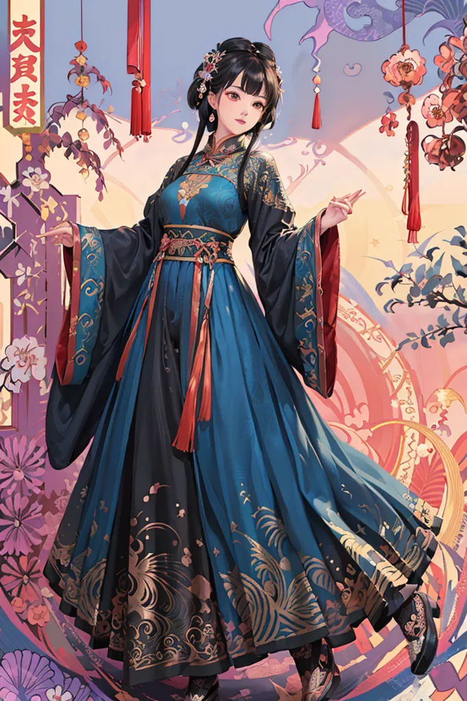 The image shows a young woman wearing a traditional Chinese dress (Hanfu). The dress is mainly blue with some golden and red accents. The woman has long black hair and red lipstick. She is standing in a garden with a lot of flowers and plants. There are also some red lanterns hanging in the background. The image has a very soft and dreamy feel to it.