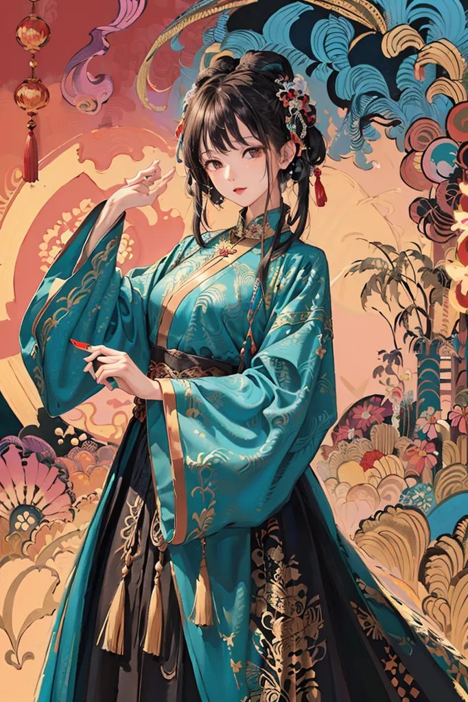 The image is a painting of a young woman in a blue and gold hanfu. She has long black hair with pink and white flowers in it. She is standing in front of a red and gold background with a blue and white patterned floor. The woman is holding a red object in her right hand and has the other hand by her face.