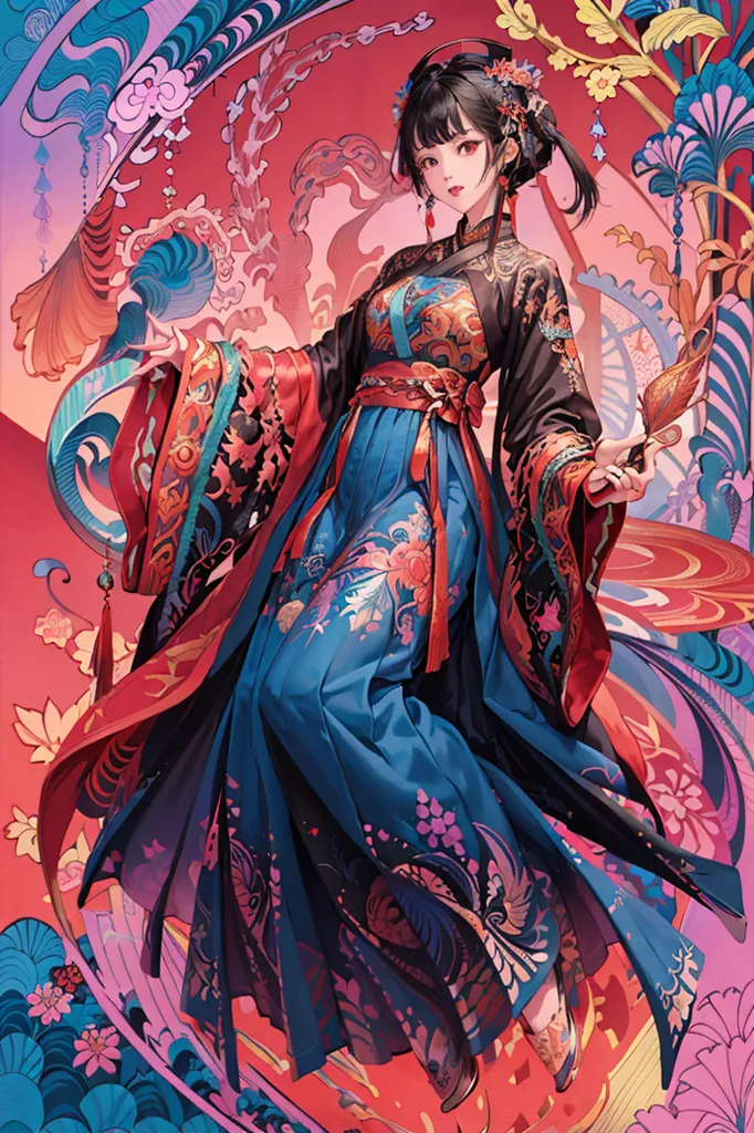 A imagem é uma pintura de uma jovem mulher vestindo um traje tradicional chinês. Ela está em pé em um fundo vermelho com um padrão floral azul e verde. A mulher usa um vestido longo e fluido com um padrão floral azul e verde. O vestido tem um colarinho alto e é cinturado na cintura com um cinto. O cabelo da mulher é longo e preto, e ela usa um penteado tradicional chinês. Ela também usa joias tradicionais chinesas, incluindo um colar, brincos e pulseiras. O rosto da mulher é sereno e ela olha para o espectador com um leve sorriso. A pintura é feita em um estilo realista, e as cores são vibrantes e realistas.