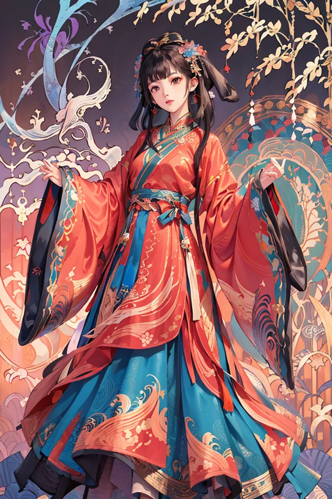 This is an image of a young woman wearing a red and blue hanfu. The hanfu is decorated with intricate patterns and has a long flowing skirt. The woman has long black hair and is wearing a traditional Chinese headdress. She is standing in front of a wall with a blue and white background.