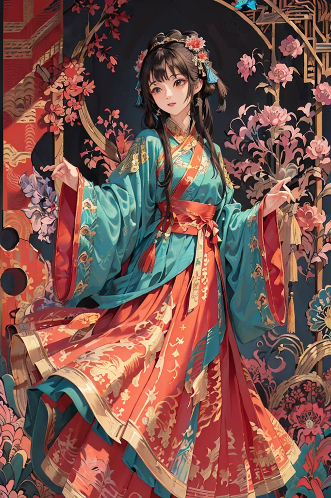 L'image est une peinture d'une jeune femme vêtue d'une robe traditionnelle chinoise. Elle se tient dans un jardin, entourée de fleurs et d'arbres. La femme porte une longue robe fluide avec un motif rouge et or. Elle a de longs cheveux noirs et porte un couvre-chef traditionnel chinois. La femme est debout dans une pose gracieuse, les bras légèrement relevés. Elle a une expression sereine sur le visage. La peinture est réalisée dans un style réaliste, et les couleurs sont vives et réalistes.