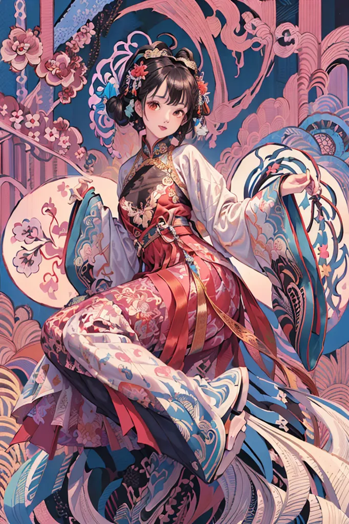 A imagem é uma pintura de uma jovem mulher vestindo um traje tradicional chinês. Ela está em pé sobre uma flor de lótus, e há lótus no fundo também. A mulher está usando um vestido vermelho e rosa com uma saia branca por baixo. Ela tem uma faixa rosa na cintura e um lenço branco no pescoço. Seu cabelo é preto e ela está usando uma flor rosa no cabelo. Ela também está usando sapatos tradicionais chineses. O fundo é um padrão azul e branco. A pintura é feita em um estilo realista e as cores são vibrantes e brilhantes.