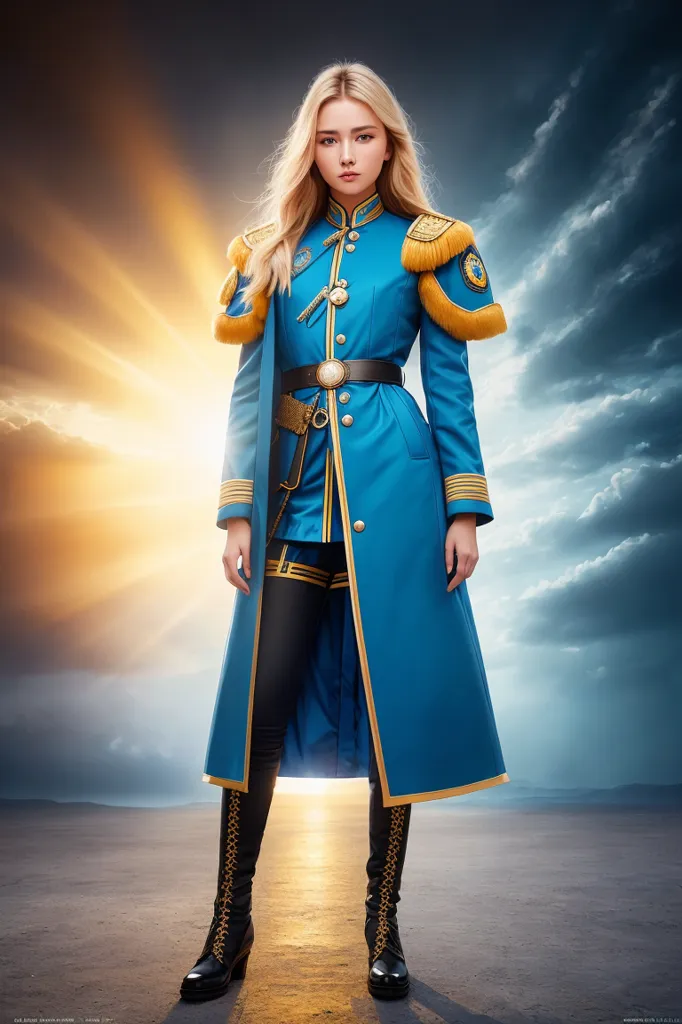 Esta é uma imagem de uma jovem mulher em uma pose heroica. Ela está vestindo um casaco militar azul com ombreiras douradas e um cinto dourado. O casaco está aberto, mostrando um body preto por baixo. Ela também está usando botas pretas e um chapéu preto com uma borda dourada. Seu cabelo loiro longo está fluindo pelas costas. Ela tem uma expressão determinada no rosto e seus olhos estão olhando para o horizonte. O fundo é um céu tempestuoso com nuvens.