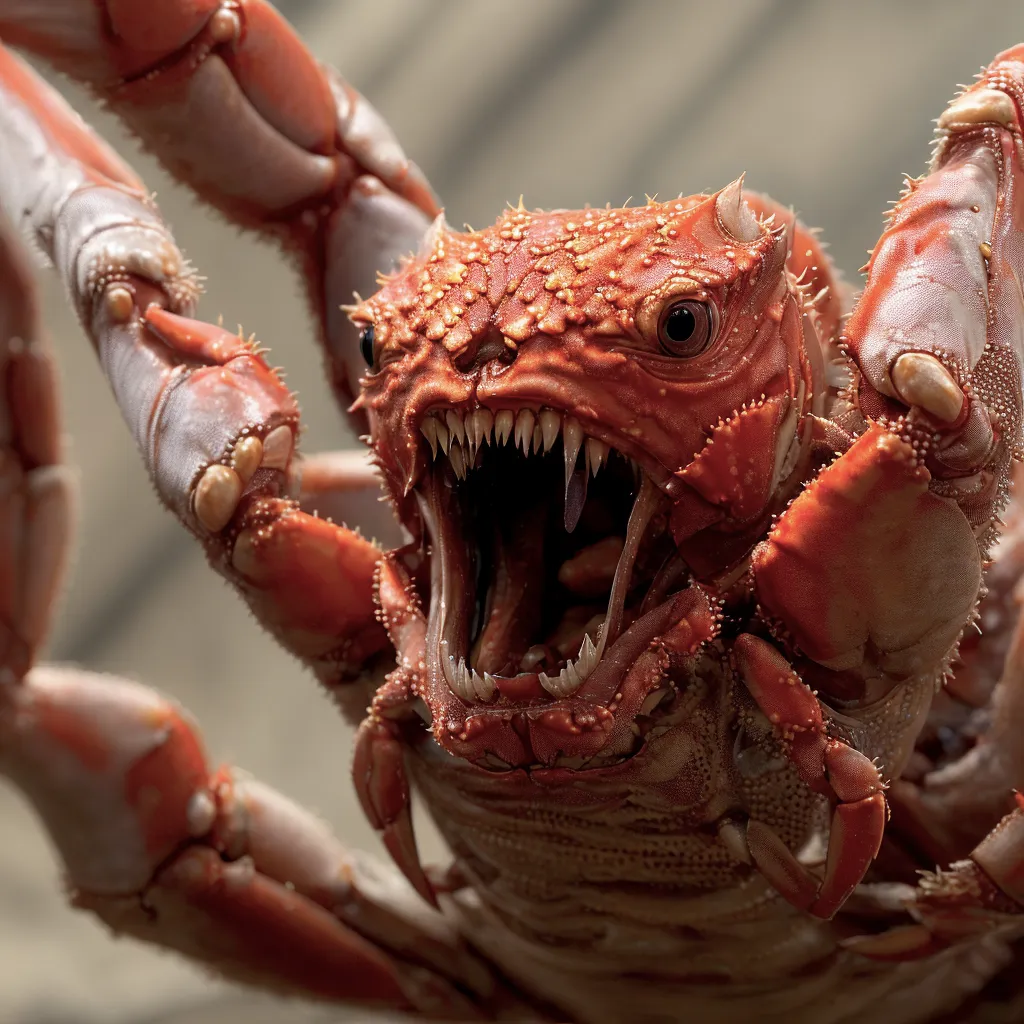 The image depicts a nightmarish creature that is a cross between a crab and a spider. It has the body of a crab, but the head of a spider. The creature is red and has eight legs. It has large, sharp teeth and is baring them in a threatening manner. The background is a blur of brown and gray. The creature is in the foreground and is facing the viewer. It is a very detailed image and the creature looks very realistic.