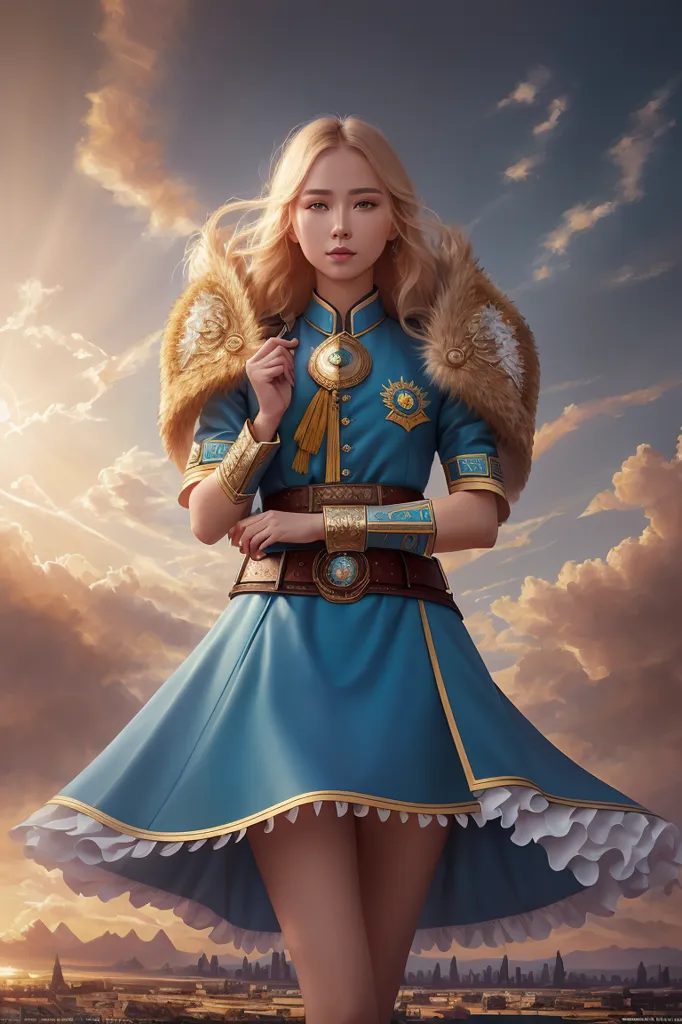 The image shows a beautiful young woman with long blond hair and blue eyes. She is wearing a blue dress with a white collar and a brown cape with fur trim. She is also wearing a gold necklace and a gold bracelet. She is standing in front of a cloudy sky with a hint of a city in the distance.