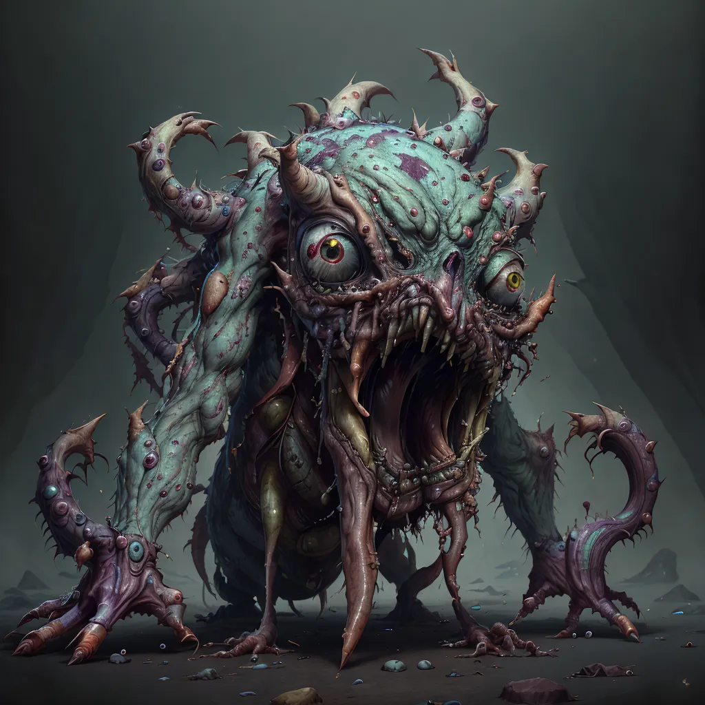 The image is a digital painting of a horrific monster. It is standing on all fours, with its back legs being digitigrade and its front legs being paws. The monster's body is covered in boils, sores, and other disgusting growths. It has a large, gaping mouth full of sharp teeth. Its eyes are red and bloodshot, and its skin is a sickly green color. The monster is surrounded by a dark, miasmic aura.