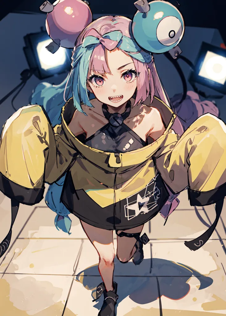 The image is of a young woman with pink and blue hair. She is wearing a yellow jacket, black crop top, and black shorts. She has a pair of headphones on her head and is surrounded by glowing screens. She has a confident smile on her face and is walking towards the viewer.