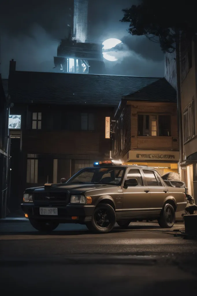 The image is a dark and moody street scene. It is night time and the only light comes from the moon and a few street lamps. The street is lined with old buildings, most of which are in disrepair. The few people who are out on the street are walking quickly and looking over their shoulders. There is a police car parked at the end of the street. The car is old and battered, and it looks like it has seen a lot of action. The image is full of tension and suspense. It is clear that something bad is about to happen.