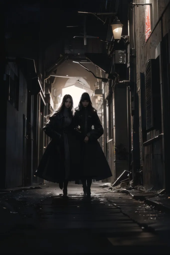 L'image représente deux femmes vêtues de manteaux de trench noirs marchant dans une ruelle sombre. La ruelle est éclairée par un seul lampadaire de rue. Les femmes portent toutes deux des chapeaux et des écharpes, et leurs visages sont obscurcis par les ombres. Elles marchent rapidement et avec détermination, comme si elles étaient en mission. L'image est pleine de mystère et d'intrigue, et elle laisse le spectateur se demander ce que font les femmes.