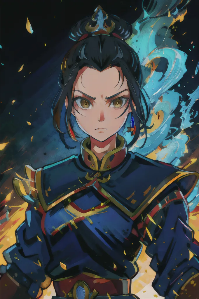 The image is of Azula from Avatar the Last Airbender. She is a young woman with long black hair and yellow eyes. She is wearing a blue and gold outfit with a white sash. She is standing in a fighting stance, with her fists clenched and her feet shoulder-width apart. Her eyes are narrowed, and she has a determined expression on her face. The background is a dark blue, with a few streaks of light blue. There are also some yellow and orange sparks in the background.