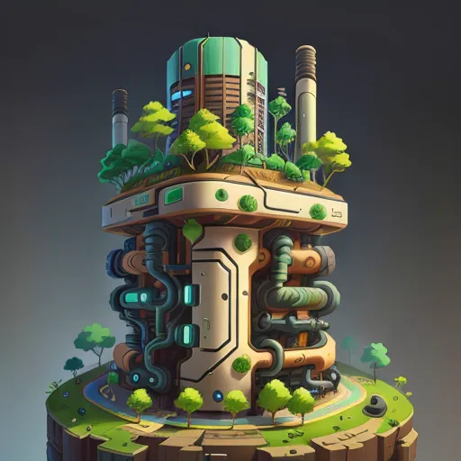 L'image montre une grande structure cylindrique avec un toit vert et plusieurs bâtiments plus petits qui y sont attachés. La structure est recouverte de tuyaux et de machinerie, et il y a des arbres et des plantes qui poussent sur le toit. Il y a une rivière qui coule au premier plan et un grand plan d'eau à l'arrière-plan. Le ciel est sombre et nuageux.