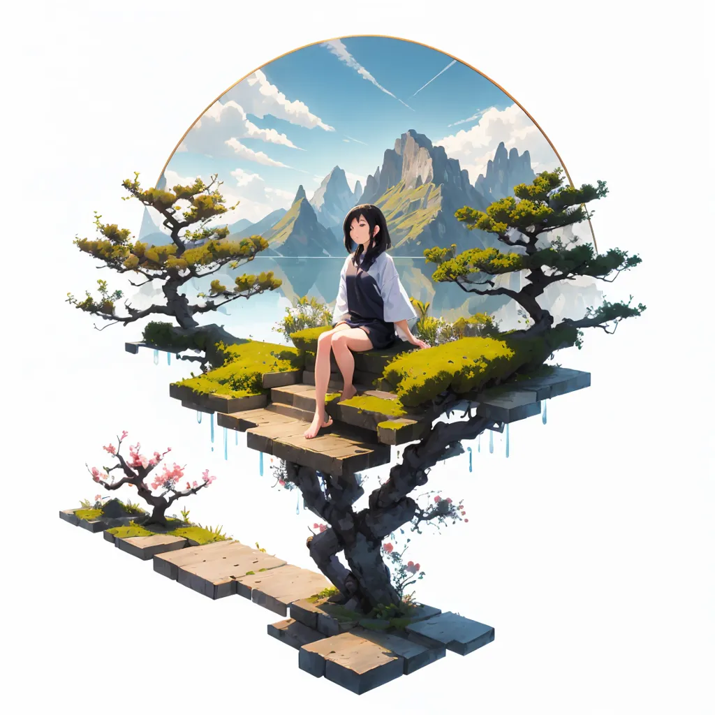 The image is a digital painting of a girl sitting on a floating platform in the sky. The platform is made of stone and has a tree growing out of it. The girl is wearing a white kimono and has long black hair. She is sitting with her legs crossed and her eyes closed. There are two bonsai trees next to her. The background is a mountain landscape with a lake. The sky is blue and there are some clouds. The image has a soft, dreamlike quality.