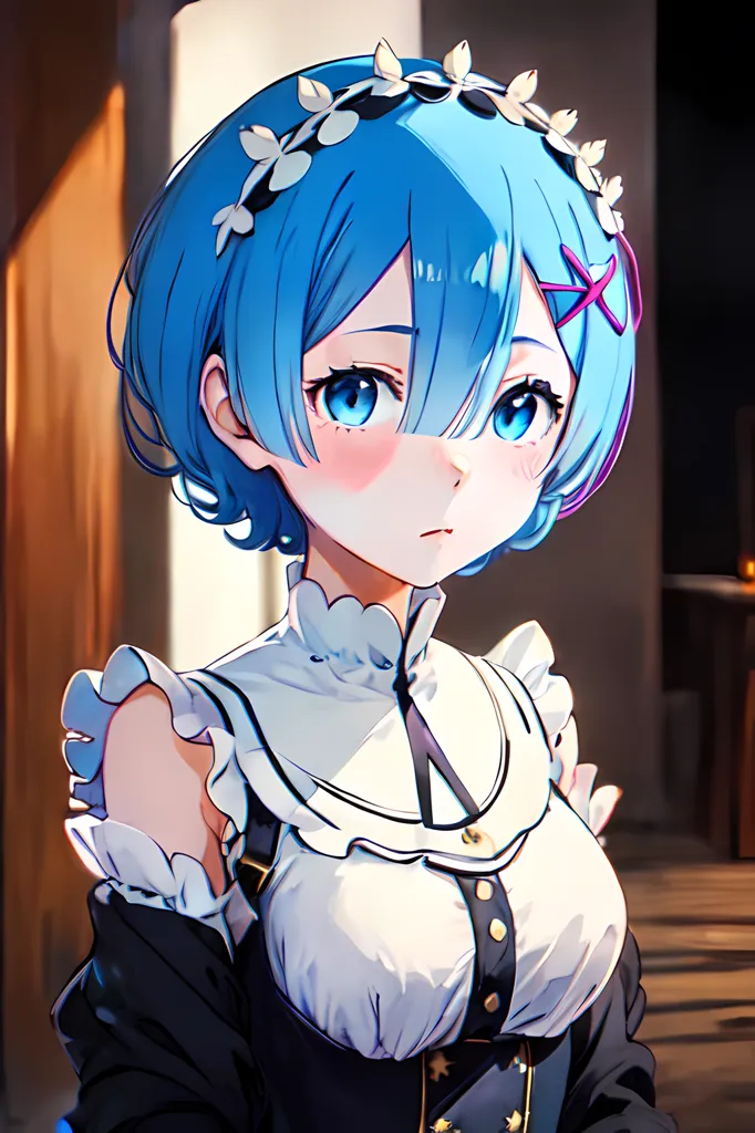 The image is a painting of a young woman with blue hair and blue eyes. She is wearing a white and black maid outfit. The painting is done in a realistic style, and the woman's expression is one of innocence and vulnerability. The background is a blur of light and dark colors, which helps to focus the viewer's attention on the woman.