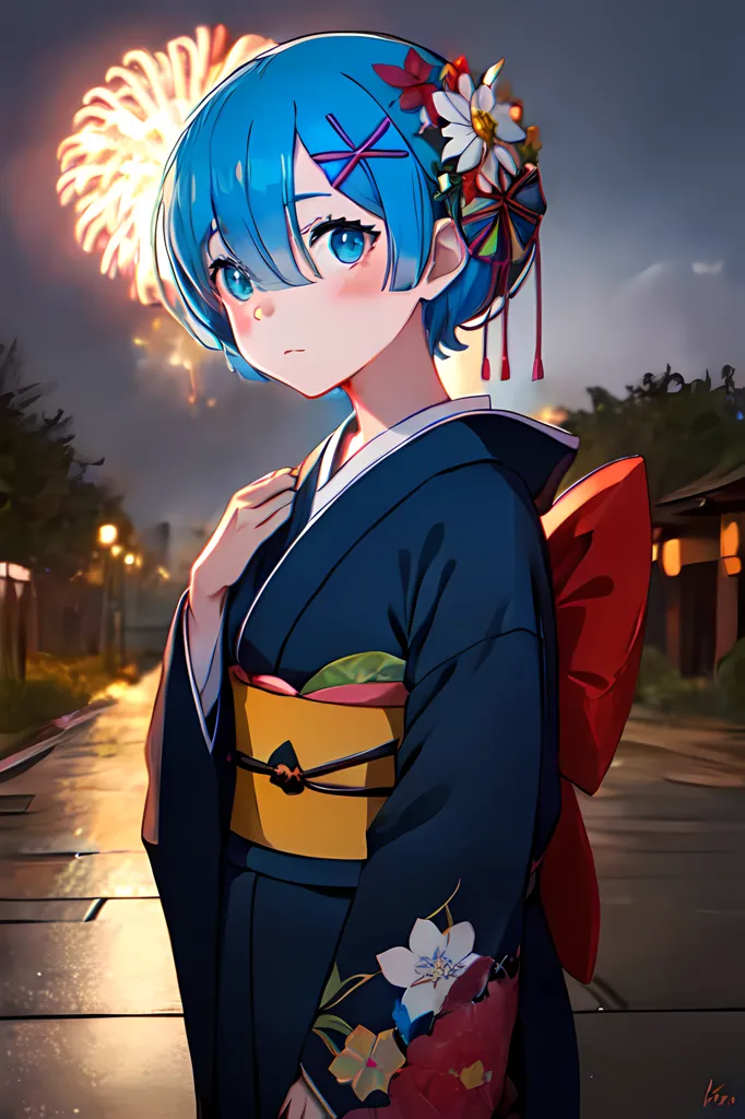 Cette image montre une jeune fille aux cheveux bleus et aux yeux bleus portant un kimono. Le kimono est bleu avec un obi jaune et a un motif floral. Les cheveux de la fille sont attachés en chignon et elle a un nœud rouge dans les cheveux. Elle se tient dans une rue avec des feux d'artifice explosant en arrière-plan. La rue est bordée de maisons traditionnelles japonaises et il y a des arbres de chaque côté. La fille regarde les feux d'artifice avec un sourire sur le visage.