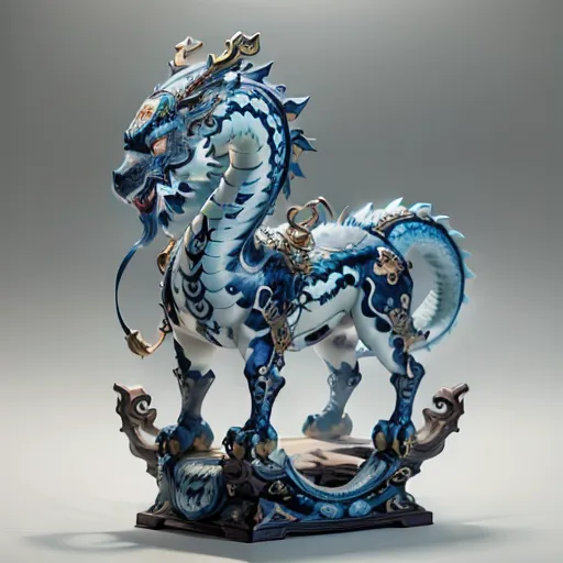 The image is a 3D rendering of a qilin, a mythical Chinese creature. It has the body of a horse, the head of a dragon, and the tail of a lion. The qilin is covered in blue and white scales, and it has a long, flowing mane and tail. It is standing on a pedestal, and it is surrounded by a cloud of mist. The qilin is a symbol of good luck and prosperity, and it is often depicted in Chinese art and literature.