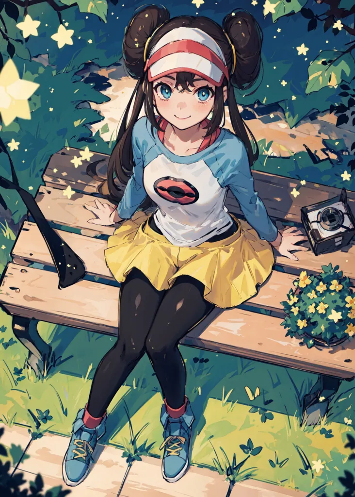 The image is of a young woman sitting on a park bench. She has long brown hair tied up in two buns, and is wearing a blue and white baseball cap, a white shirt, a yellow skirt, and black leggings. She is also wearing blue sneakers and a small backpack is sitting next to her on the bench. There are some flowers and a camera on the ground next to her. The background is a park with trees and flowers. The image is drawn in a realistic style, and the colors are vibrant and bright.