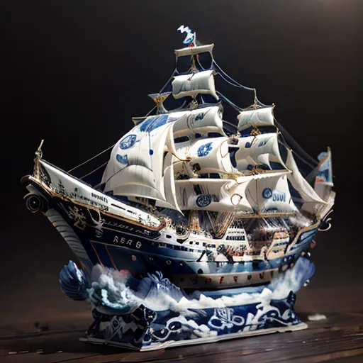 The image is of a model ship. It is white and blue and is sitting on a dark surface. The ship has three masts and is in full sail. The waves are crashing against the side of the ship. The ship is made of porcelain and is very detailed.