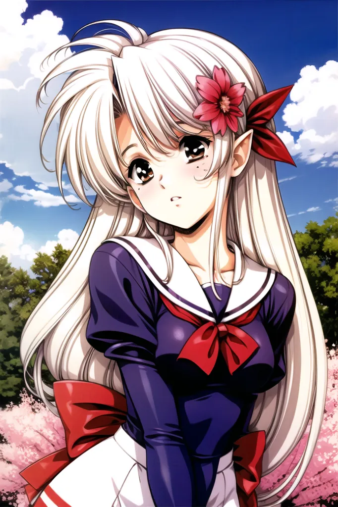 The image shows a young girl with long silver hair and brown eyes. She is wearing a purple and white sailor-style uniform with a red bow. She has a flower in her hair and is standing in front of a cherry blossom tree. The background is a blue sky with white clouds.