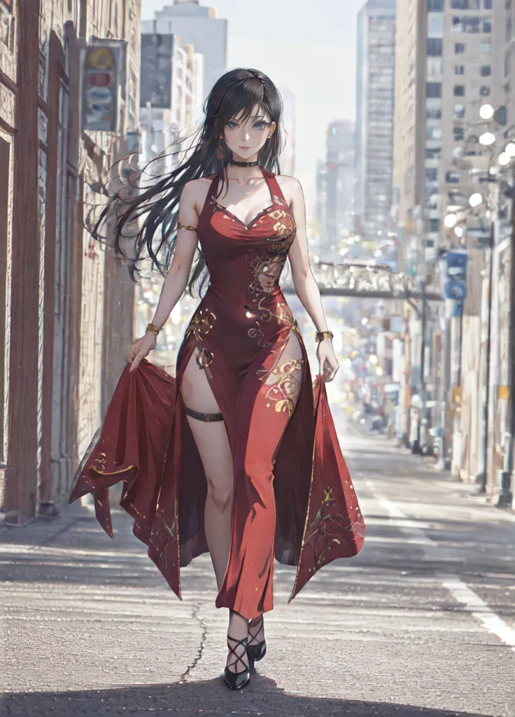 The image shows a woman with long black hair wearing a red dress with a high slit, black high heels, and a golden necklace walking down a city street. The dress has a floral pattern and a thigh-high slit. The woman is holding the side of her dress as she walks. She has a confident expression on her face. The background of the image is a blurred city street with buildings and cars.