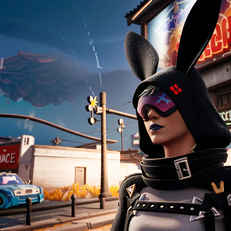 The image shows a young woman wearing a black and white outfit with a hood and a pair of bunny ears. She is also wearing a pair of goggles and has a small backpack on her back. She is standing in a city street with a car in the background. The sky is blue with some clouds in the background.