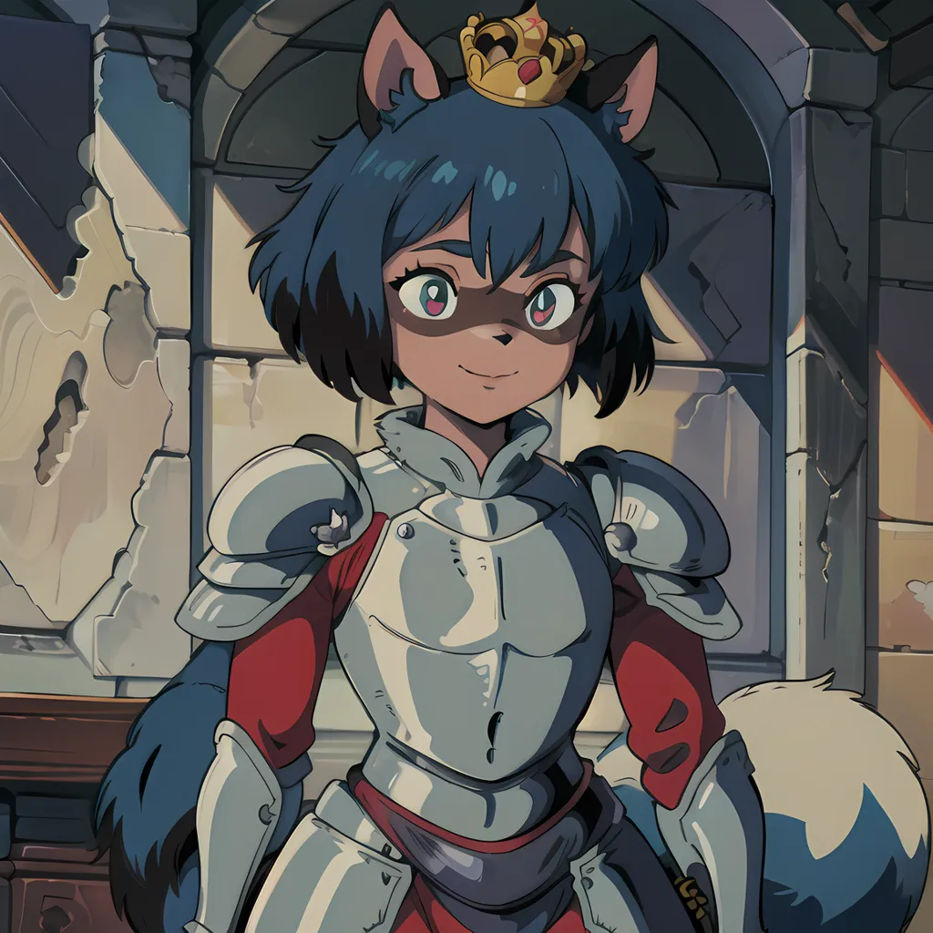 This is an image of a young girl with blue hair and cat ears. She is wearing a crown and a suit of armor. She is standing in a stone building, and there is a large window behind her. The girl has a determined expression on her face, and it is clear that she is ready for battle.