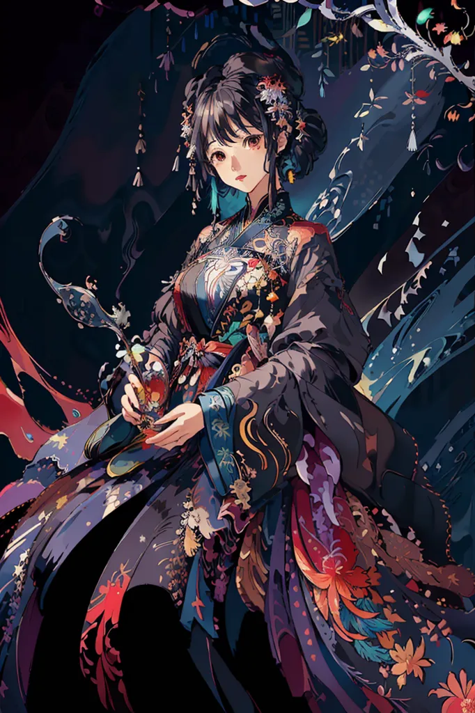 La imagen es de una mujer joven con un kimono negro y rojo con intrincados patrones florales y de hojas. El kimono tiene una larga cola que fluye. La mujer tiene el cabello negro largo con reflejos rosa y azul. Está usando maquillaje tradicional chino con sombra de ojos roja y rubor rosa. Está sosteniendo una taza en sus manos. Hay un fondo azul oscuro con una gran planta con flores rosa y azul.