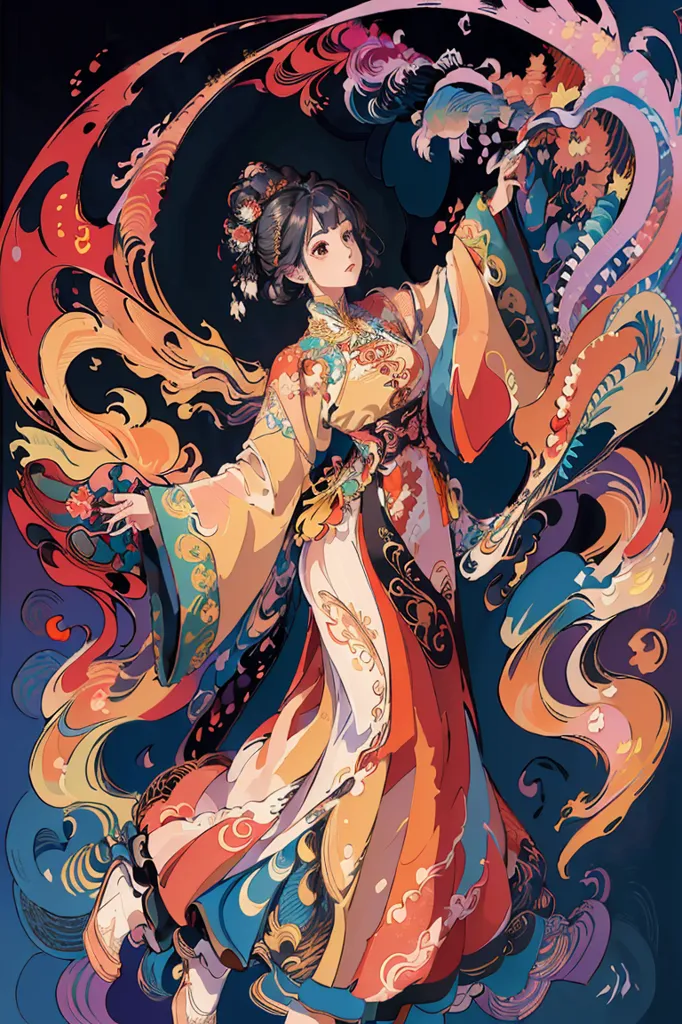 La imagen es una pintura de una mujer joven con un kimono colorido. Ella está de pie frente a un fondo azul oscuro y hay remolinos de energía de colores que la rodean. La mujer lleva un kimono rojo y dorado con un patrón floral. Tiene el cabello negro largo y los labios rojos. Ella mira al espectador con una expresión seria. La pintura está hecha en un estilo realista y los colores son vibrantes y realistas.