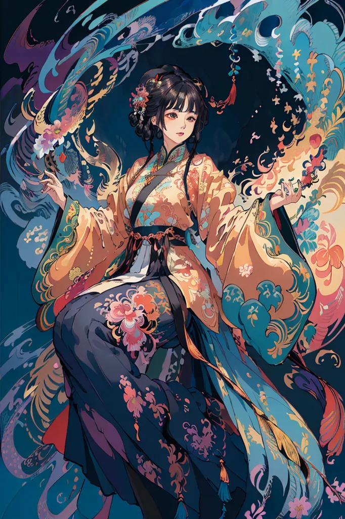 The image is a painting of a young woman in a traditional Chinese dress. She is sitting on a rock in a river, and is surrounded by colorful flowers and plants. The woman is wearing a long, flowing dress with a floral pattern. The dress has a high collar. The woman's hair is long and black, and she is wearing a traditional Chinese hairstyle. The woman's face is serene and beautiful, and she is looking at the viewer with a gentle smile. The painting is done in a realistic style, and the colors are vibrant and lifelike. The image is a beautiful and evocative depiction of a young woman in a traditional Chinese setting.