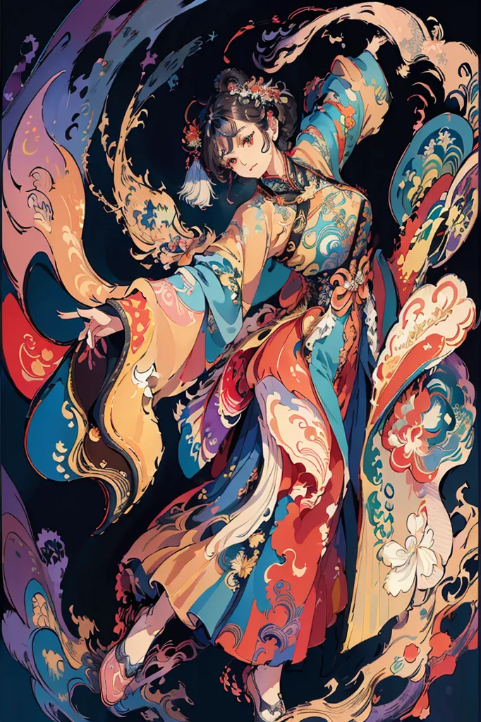 La imagen es una pintura de una mujer joven con un kimono colorido. Está de pie con los brazos extendidos y su cabello largo fluye detrás de ella. El fondo es de un azul oscuro y hay varias flores coloridas en el primer plano. La pintura está hecha en un estilo realista y los colores son vibrantes y realistas. La expresión de la mujer es de alegría y serenidad, y el efecto general de la pintura es de belleza y armonía.