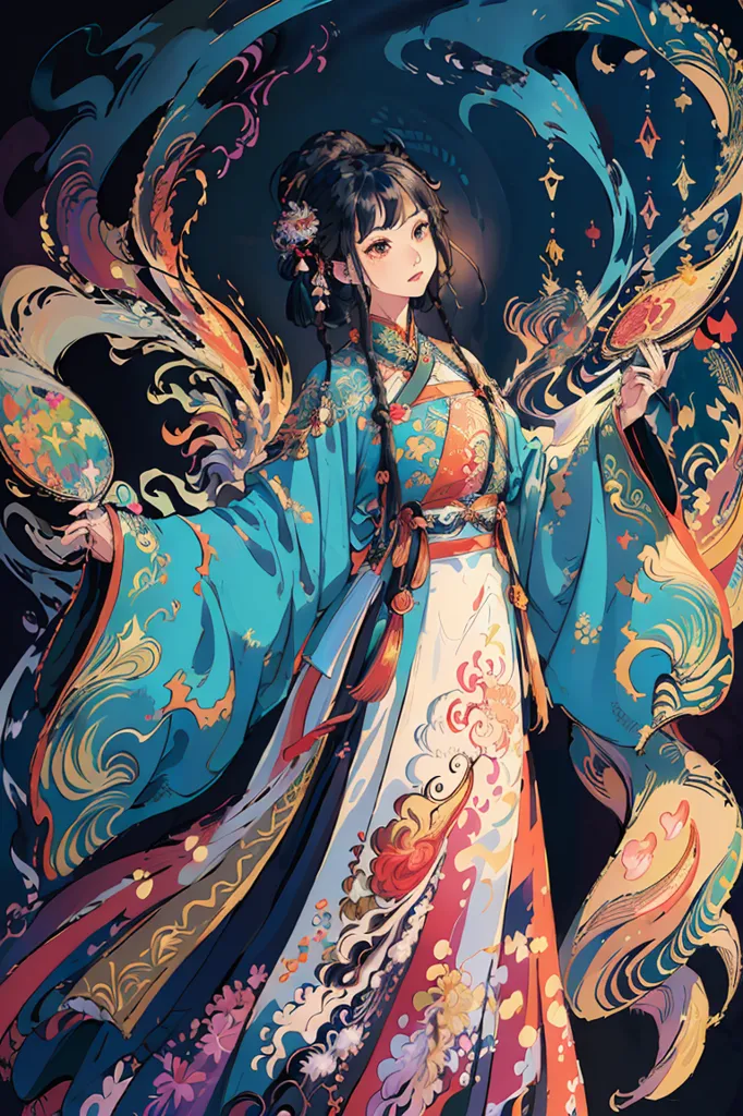 The image is a painting of a young woman in a blue and white dress with long black hair holding two fans. The background is a dark blue with a wave pattern and stars. The woman is standing on a rock with a red flower bush next to her. She is wearing a traditional Chinese dress with a white underskirt and a blue overskirt. The dress is decorated with intricate patterns and has a long train. The woman's hair is long and black, and she is wearing a traditional Chinese hairstyle with a bun and two long braids. She is also wearing traditional Chinese makeup with red lipstick and eyeshadow. The woman is holding two fans, one in each hand. The fans are made of white paper with intricate designs. The woman is standing in a graceful pose, and she is looking at the viewer with a serene expression. The painting is done in a realistic style, and the colors are vibrant and lifelike.