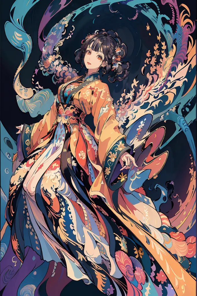 La imagen es una pintura de una mujer joven con un vestido Hanfu fluido. El vestido tiene un fondo amarillo con patrones florales azules y rojos. La mujer tiene el cabello negro largo y lleva un pasador de flor rosa en el cabello. Ella está de pie en un fondo azul oscuro con patrones de olas de colores. La pintura está hecha en un estilo realista y la expresión de la mujer es serena.