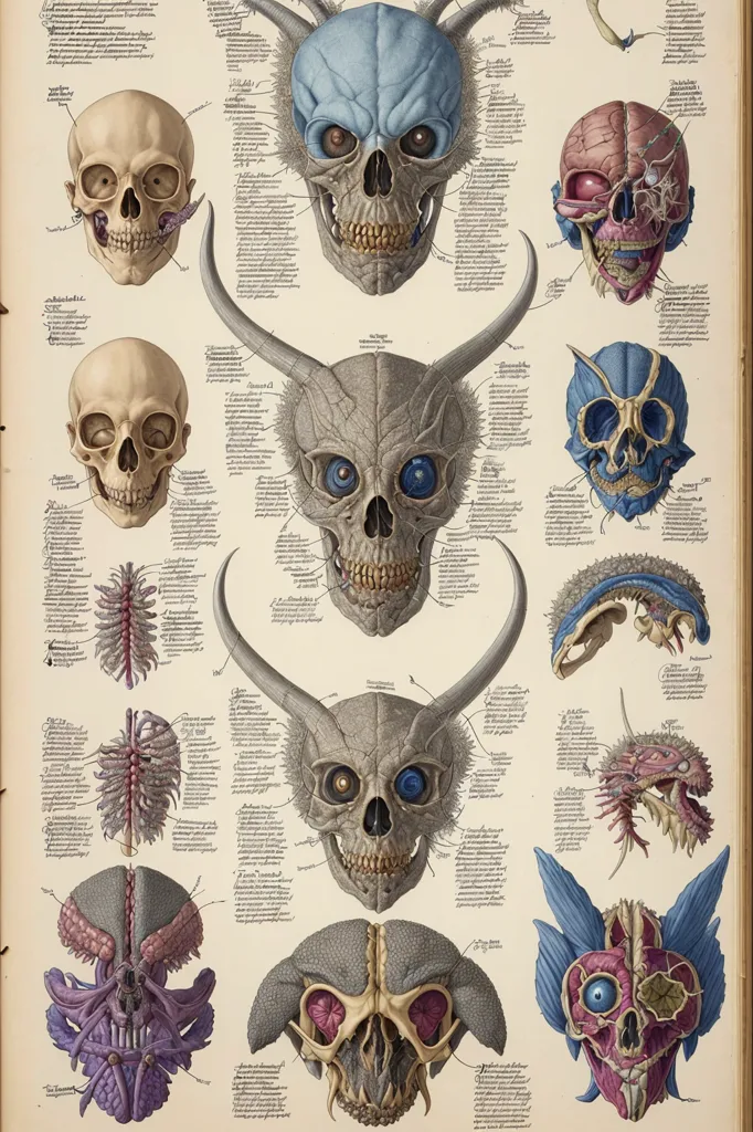 A imagem é uma ilustração detalhada de vários crânios e ossos, com extensas notas e rótulos em latim. Ela lembra a História Natural de Ulisse Aldrovandi. Os crânios têm diferentes formas e tamanhos, e alguns têm chifres ou outras características incomuns. Os ossos também são de diferentes tipos, incluindo ossos longos, curtos e planos. As notas e rótulos fornecem informações sobre os diferentes ossos e suas funções. A ilustração é desenhada em um estilo realista, e o artista usou sombreamento e destaques para criar uma sensação de profundidade e dimensão. O efeito geral é de beleza e fascínio, e a imagem é um recurso valioso para qualquer pessoa interessada em aprender mais sobre o esqueleto humano.