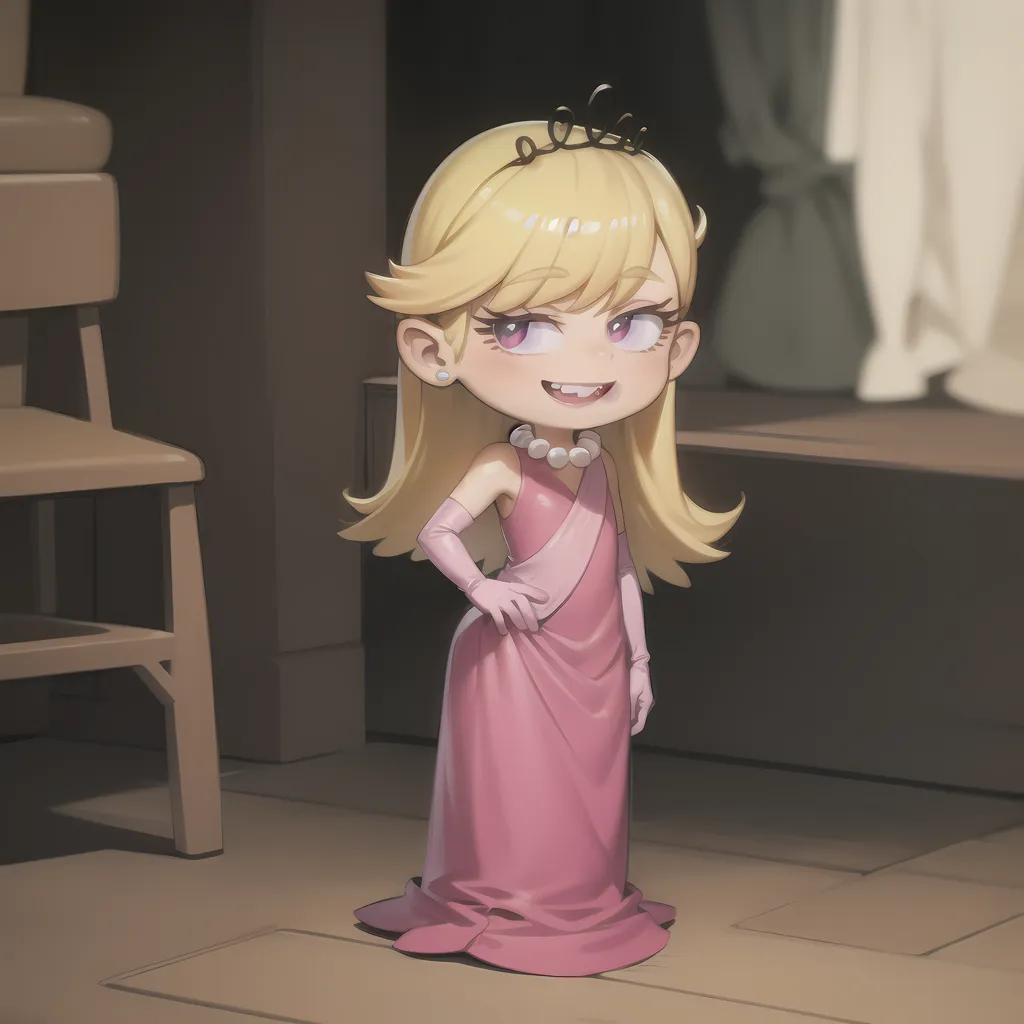 The image shows a little girl with blonde hair and purple eyes. She is wearing a pink dress and a tiara. She has a smug expression on her face and is standing with her hands on her hips. There is a chair and a curtain in the background.