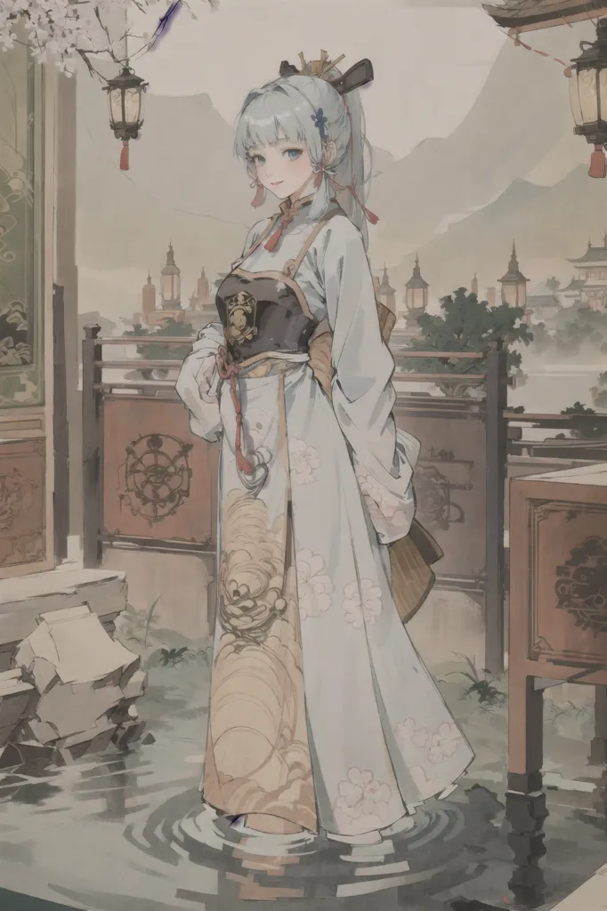 The image shows an anime girl with long white hair and blue eyes. She is wearing a white and blue kimono with a yellow obi. She is standing on a balcony, with a railing behind her. There are some lanterns hanging from the ceiling. In the background, there is a Chinese style building and some mountains. The girl is looking at the viewer with a gentle smile.