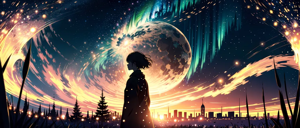 The image is a beautiful landscape with a starry night sky and a bright shining moon. There is a girl standing in the foreground, looking out at the view. She is wearing a long dress with a hood, and her hair is blowing in the wind. The background is full of stars, and there are clouds that resemble the aurora borealis. The city lights in the distance are a nice touch, adding a sense of warmth and civilization to the otherwise cold and lonely landscape. The image is very peaceful and serene, and it evokes a sense of wonder and awe.