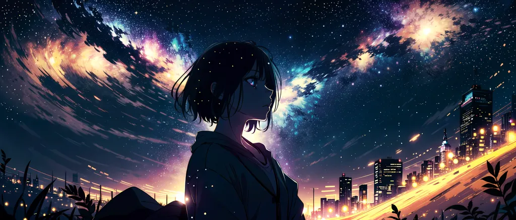 L'image est un magnifique paysage d'anime. Une fille aux cheveux noirs courts se tient sur une colline, regardant au loin sur une ville. Le ciel est sombre, et il y a de nombreuses étoiles et nuages dans le ciel. La ville est au loin, et il y a de nombreuses lumières allumées. La fille porte un sweat à capuche noir. Elle a une expression paisible sur son visage. L'image est très apaisante et paisible.