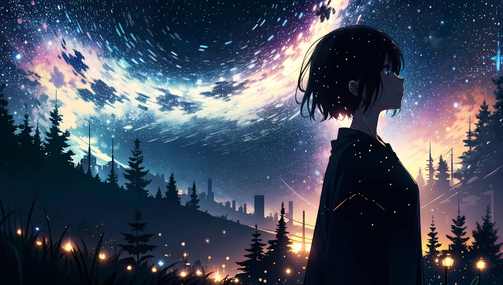 A imagem é uma bela paisagem de anime. Uma garota com cabelos pretos curtos está em pé em um campo de grama, olhando para o céu noturno. O céu está cheio de estrelas e uma galáxia brilhante e esvoaçante. A garota está usando um capuz preto e há árvores ao fundo. A imagem é muito pacífica e serena.