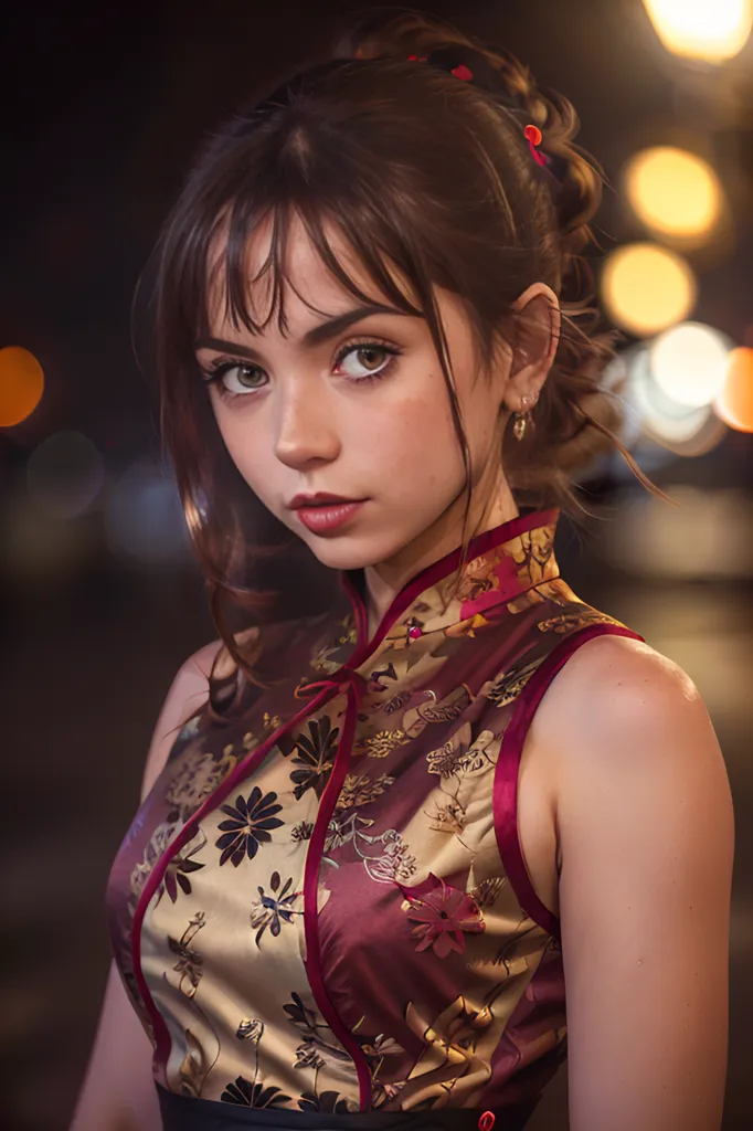 The picture shows a young woman with long dark brown hair. She is wearing a sleeveless, red and gold cheongsam with a floral pattern. The cheongsam has a high collar and is fastened with frog buttons. The woman's hair is pulled back into a bun and she is wearing light makeup. She has a serene expression on her face. The background of the picture is blurred and out of focus.