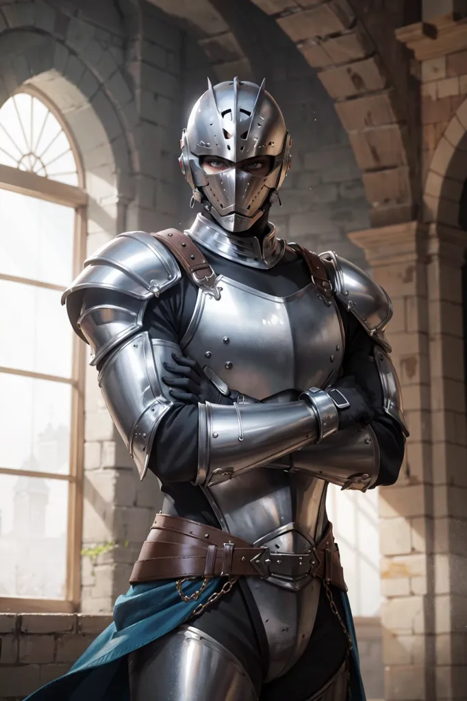 This image shows a person in a suit of silver armor. The armor has a helmet with a visor that is covering their face. There is a window to the left of the person. The person is standing with their arms crossed. They are wearing a brown belt with a chain. They are also wearing blue and gray clothing underneath the armor.