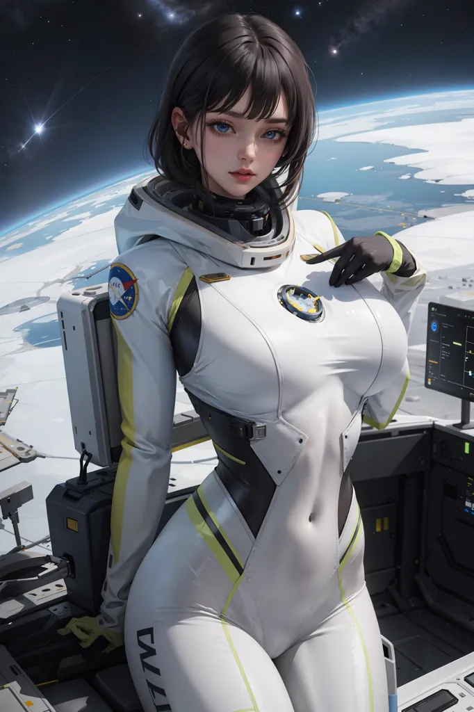 Ceci est une image d'une fille d'anime dans une combinaison spatiale. Elle se tient dans un vaisseau spatial, avec la Terre en arrière-plan. Elle porte une combinaison spatiale blanche avec des détails noirs et jaunes. La combinaison spatiale porte le mot \