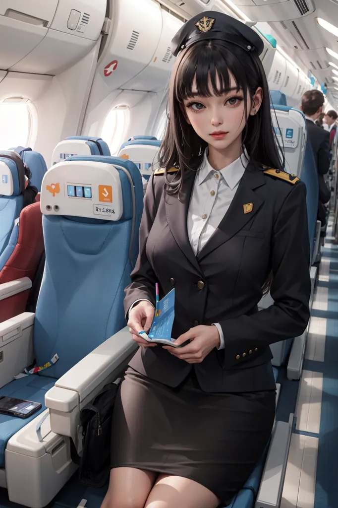 La imagen muestra a una azafata de estilo anime de pie en el pasillo de un avión. Lleva una chaqueta y falda de color azul marino con una blusa blanca y una corbata negra. Tiene un sombrero negro con una banda dorada en la cabeza y una etiqueta con su nombre en la chaqueta. Está sosteniendo un pase de embarque y sonriendo a la cámara. Hay asientos vacíos en el fondo.