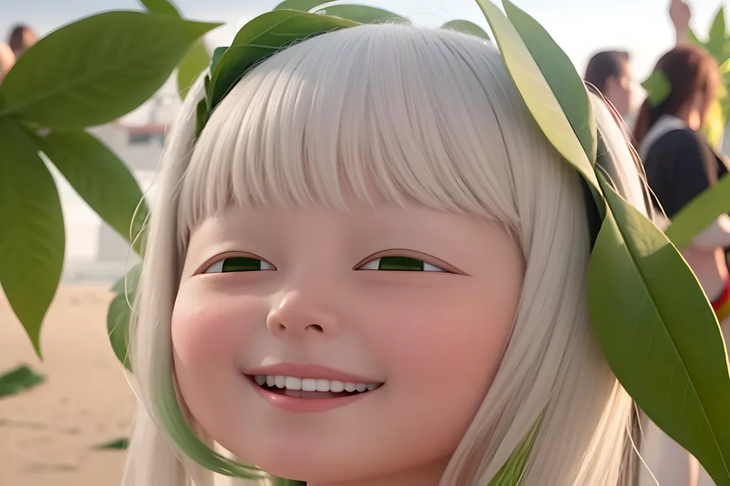 The image shows a close-up of a young girl's face. She has pale skin, green eyes, and long white hair. She is wearing a wreath of green leaves. The girl is smiling and looking at the viewer. She has a happy expression on her face. The background is blurred.