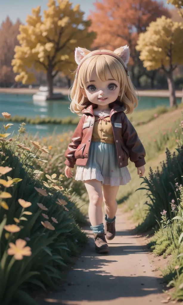 The image shows a young girl with blond hair and cat ears. She is wearing a brown jacket, a white dress, and brown boots. She is walking on a path in a park. There are trees, flowers, and a lake in the background. The girl is smiling and looks happy.