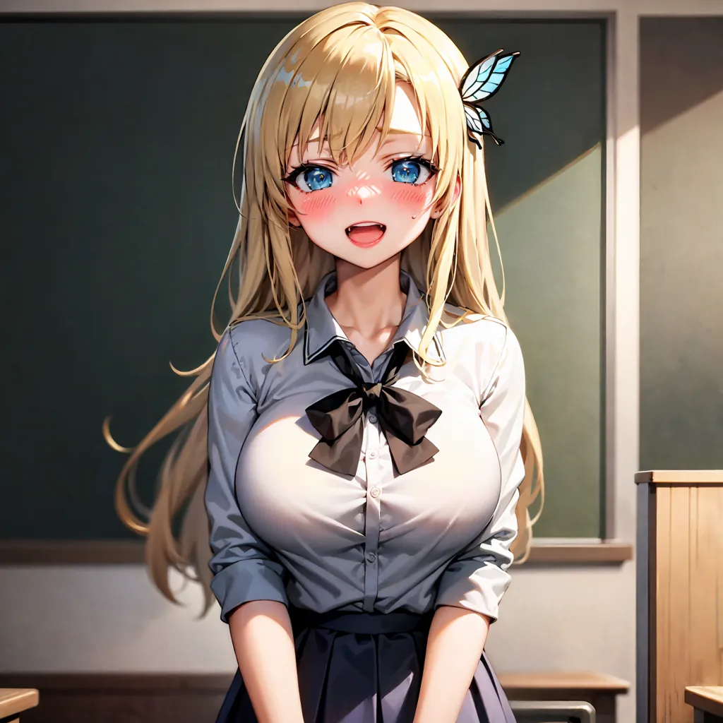 The image is a painting of a young woman with long blonde hair and blue eyes. She is wearing a white shirt and a black bow tie. She has a butterfly hairclip in her hair. She is standing in a classroom with a chalkboard behind her. She is smiling and has a happy expression on her face.