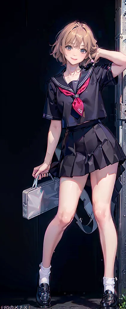 The image is a digital painting of a young girl in a school uniform. She is standing in a dark room, with only a single light source illuminating her from the right. The girl is wearing a black pleated skirt, a white blouse, and a red scarf. She has short brown hair and blue eyes, and she is carrying a silver briefcase. She is standing with her left hand on her hip and her right hand holding the briefcase. She has a confident smile on her face.