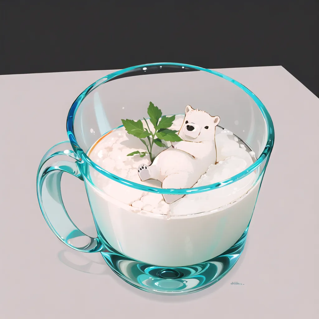 This is a digital painting of a polar bear in a cup of milk. The polar bear is sitting in the milk, with its paws resting on the side of the cup. The polar bear is looking up at the viewer with a curious expression. The cup is sitting on a white table. The background is a pale blue color. The painting is done in a realistic style, and the fur of the polar bear is particularly well-rendered.