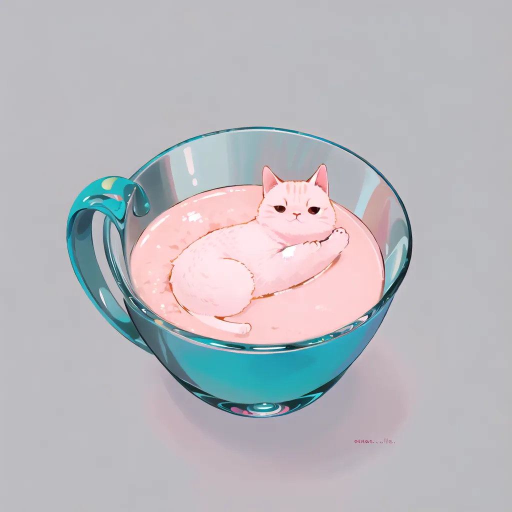 The image contains a glass cup filled with a pink liquid. A white cat is lying in the liquid, its paw resting on the side of the cup. The cat has a grumpy expression on its face. The cup is sitting on a white table. The background is a light gray color.