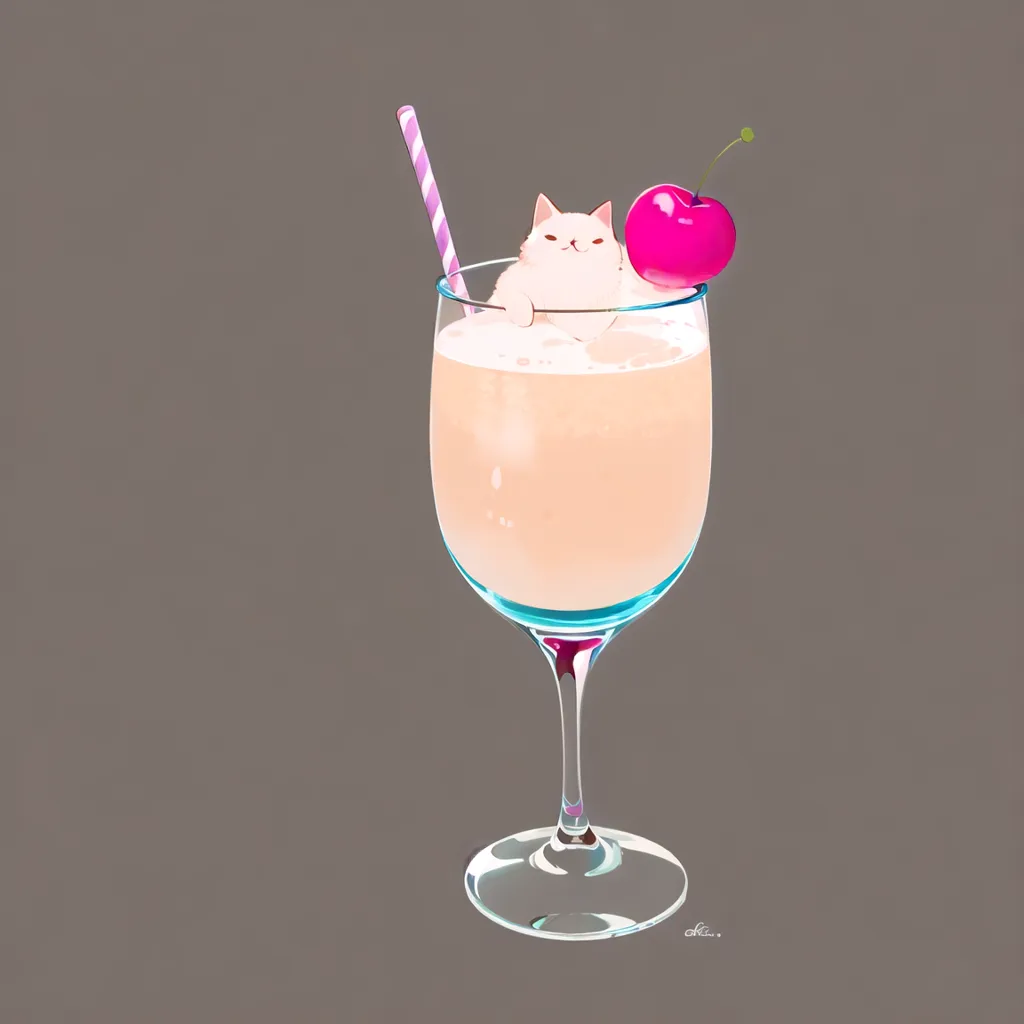 Ceci est une peinture numérique d'un chat dans un verre à martini. Le chat est blanc et a une cerise rose sur la tête. Le verre à martini est rempli d'un liquide rose clair et a une paille rose. L'arrière-plan est gris foncé.