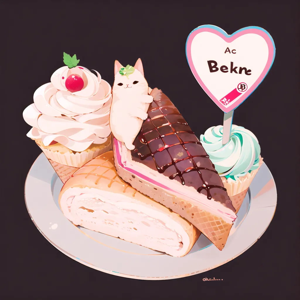 The image shows a  plate of desserts. There are two cupcakes, a slice of cake, and a cream puff. The cupcakes are decorated with whipped cream and cherries. The slice of cake is covered in chocolate sauce. The cream puff is filled with cream and topped with green frosting. The plate is decorated with a heart-shaped sign that says \